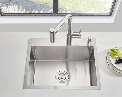 MENATT 24 Inch Drop-in Kitchen Sink, 304 Stainless Steel Topmount Handmade Residential Sink, Single Bowl Workstation Sink with Drain Kit (Brushed), 24"x18"x9"