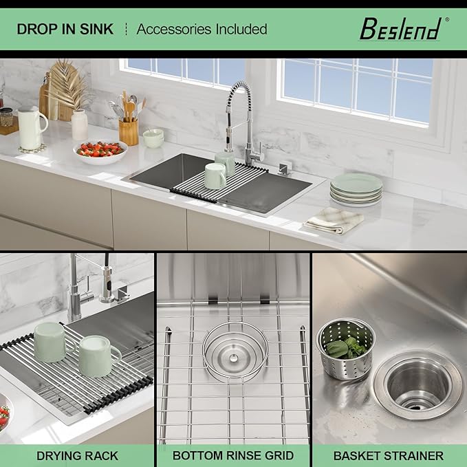 33 Drop In Kitchen Sink - Beslend 33x22 Inch Single Bowl Kitchen Sinks Stainless Steel Topmount Basin 16 Gauge Handmade Top Mount Sink