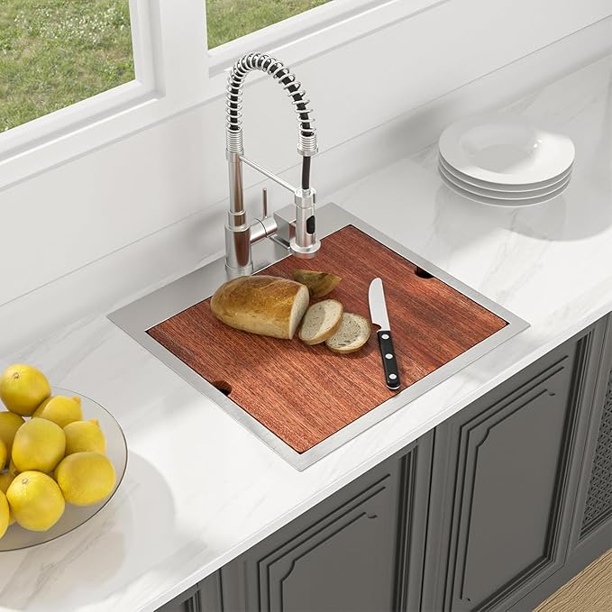 Lordear Drop in Kitchen Bar Sink 21x20x9 Inch Workstation 16 Gauge Stainless Steel Single Bowl Topmount Over Counter for Wet Bar/Prep/Small Kitchen with Cutting Board
