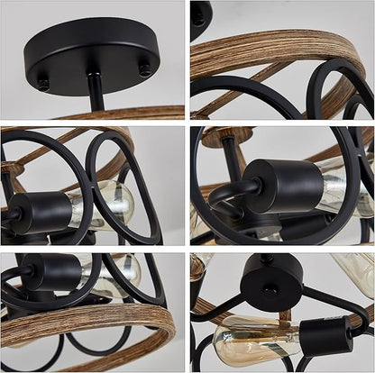 MEIXISUE Semi Flush Mount Modern Farmhouse Ceiling Light Fixtures,3-Lights Black and Retro Wood Finish,Drum Shade Rustic Light Fixtures for Entryway Hallway Foyer Kitchen Dining Room Bedroom