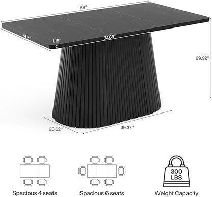 LITTLE TREE 59" Farmhouse Dining Table for 4-6 People, Modern Rectangular Kitchen Table with Metal Pedestal Base, Perfect for Dining Room, Kitchen, Living Room (Black)
