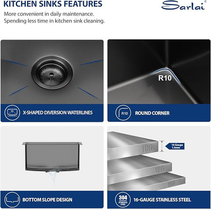 Sarlai 21 Black Undermount Sink - 21" x 19" Bar Sink Ledge Workstation Gunmetal Black Stainless Steel 16 Gauge Single Bowl Under Counter Bar Prep RV Camper Kitchen Sinks Basin with Accessories