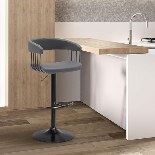 Armen Living Calista Adjustable Height Mid Century Modern Swivel Bar Stool for Kitchen Island Counter in Gray Faux Leather with Black Metal