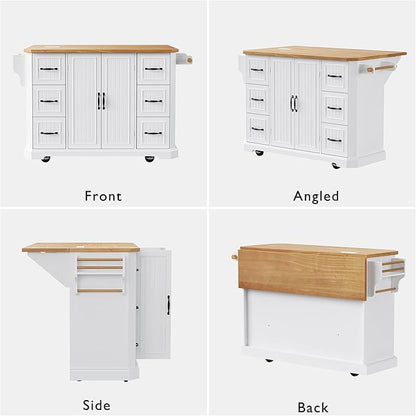 Ball & Cast 56" Large Modern Kitchen Island with Rubber Wood Veneer Drop Leaf, Power Outlet, 6 Drawers, 4 Door Shelves, White