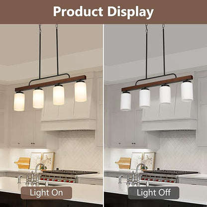 Farmhouse Dining Room Light Fixture Over Table, Black 4-Light Wood Kitchen Island Lighting with Milk White Glass, Industrial Linear Chandelier Pendant Lights
