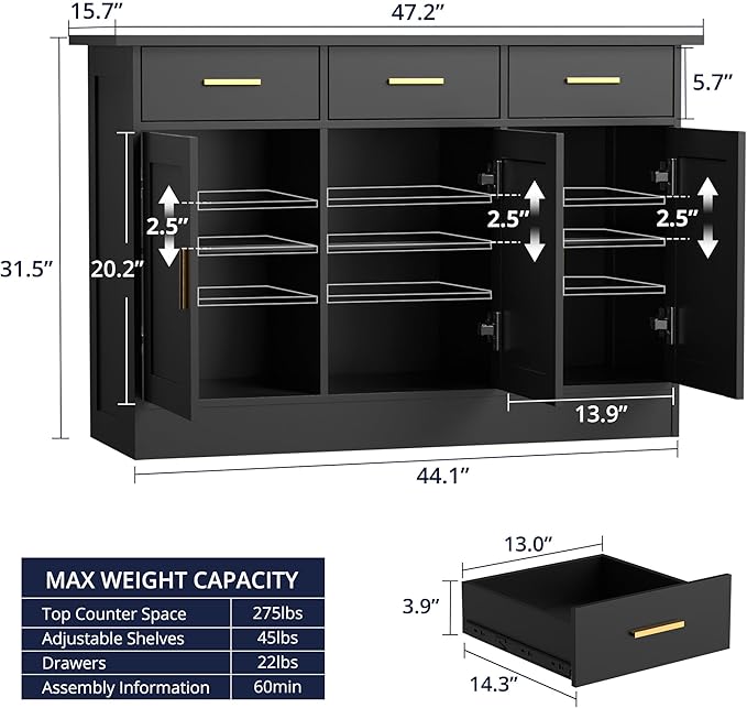 Buffet Cabinet with Storage - Buffets & Sideboards Kitchen Storage Cabinet, Wood Console Table Coffee Bar Accent Cabinets for Living Room Dining Room Entryway Large 3 Doors & Drawers, Black 47.2"W