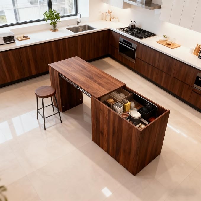 JOYSOURCE Counter Height Bar Table for 2, Extendable Kitchen Island with Drawers & Shelves for Kitchen, Living Room, Walnut