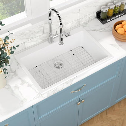 Sarlai Granite Composite Kitchen Sink 33 Inch White Kitchen Sink Drop In 33×22 Granite Kitchen Sinks Topmount White Quartz Classic Above Counter Single Bowl Basin