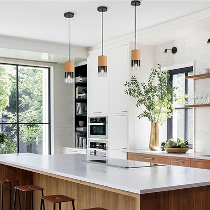 3-Pack Modern Pendant Lights for Kitchen Island, Adjustable Black Pendant Light Fixtures with Raw Wood Grain, Industrial Glass Pendant Lights for Dining Table Hallway Bedroom Living Room