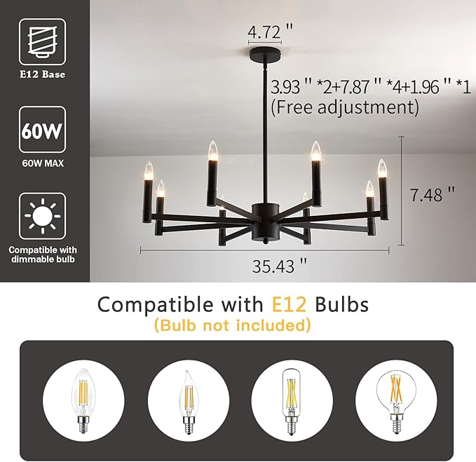 ASGYISA 8-Light Black Farmhouse Candle Chandeliers Modern Matte Ceiling Light Fixture Industrial Hanging Lighting for Dining Room Living Room Bedroom Kitchen Island Foyer