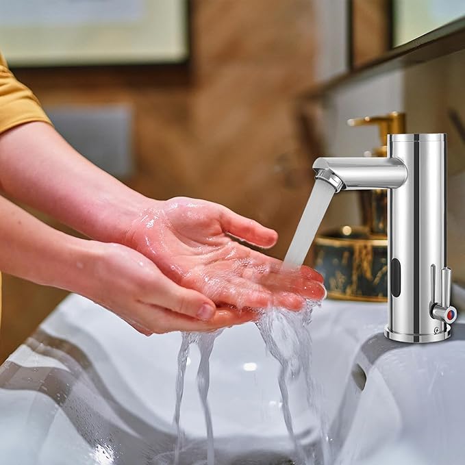 Automatic Touchless Bathroom Sink Faucet Motion Activated Sensor Hands Free Auto Off 1 Hole Commercial Infrared Brass Basin Faucets Adjustable Cold Hot Single Handle Water Mixer（Chrome）