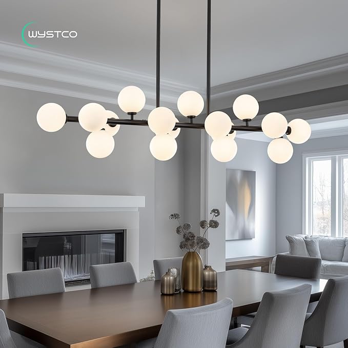 56 Inch Black Linear Chandeliers for Dining Room, Kitchen Island, Living Room, 16-Light Mid Century Modern Light Fixture Over Table, Large Milk White Glass Globe Sputnik Bubble Chandelier