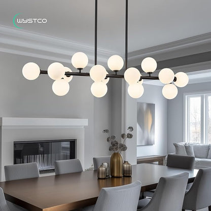 56 Inch Black Linear Chandeliers for Dining Room, Kitchen Island, Living Room, 16-Light Mid Century Modern Light Fixture Over Table, Large Milk White Glass Globe Sputnik Bubble Chandelier