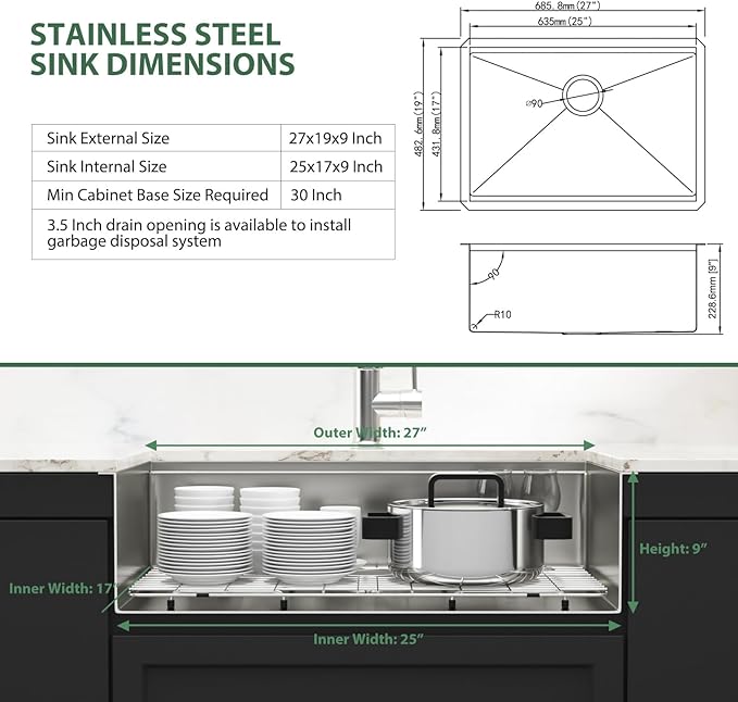 27 Inch Undermount Kitchen Sink Workstation 16 Gauge Stainless Steel Sink Round Corners Single Bowl Under Counter Legde Deep Kitchen Sinks Basin, 27"x19"x9"