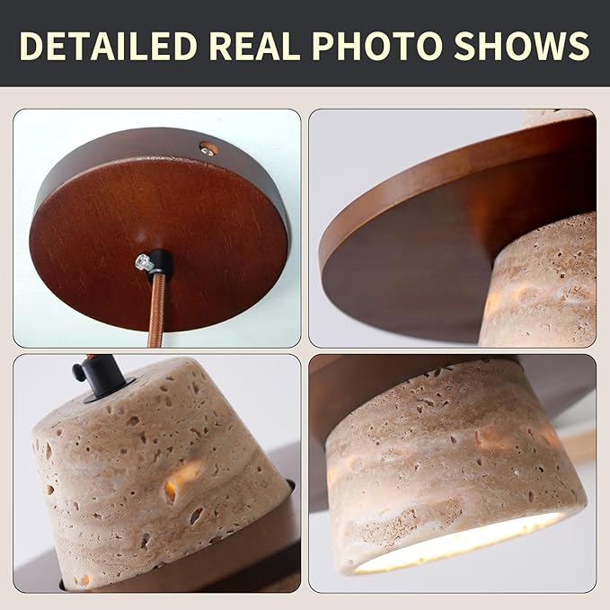 Japanese Wabi sabi Pendant Light with Natural Stone Shade, Dimmable Modern Wood Hanging Lamp Fixture, Adjustable Height Pendant Lamp for Bedroom, Kitchen Island, Dining Room, Restaurant, Cafe, Bar (J)