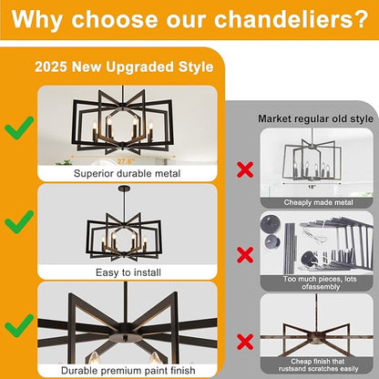 27.6" Modern Black Chandelier for Dining Room, 8-Light Farmhouse Dining Room Light Fixture Over Table, Industrial Metal Hanging Pendant Lights for Kitchen Island, Living Room, Bedroom, Foyer, Entryway