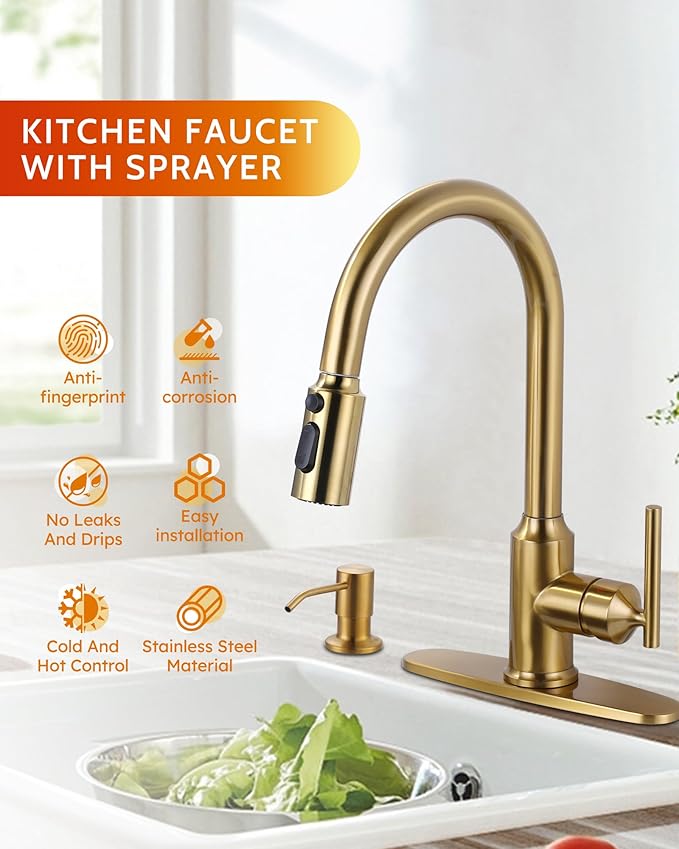 WOWOW Kitchen Faucets with Pull Down Sprayer, Gold Kitchen Faucet with Sprayer, 304 Stainless Steel High Arc Single Handle Pull Down Kitchen Faucet for Kitchen Sink Faucet with Soap Dispenser