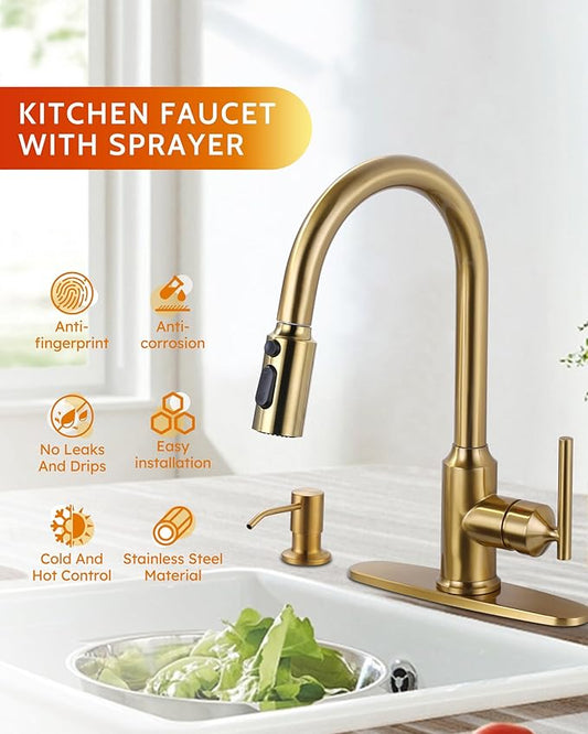 WOWOW Kitchen Faucets with Pull Down Sprayer, Gold Kitchen Faucet with Sprayer, 304 Stainless Steel High Arc Single Handle Pull Down Kitchen Faucet for Kitchen Sink Faucet with Soap Dispenser