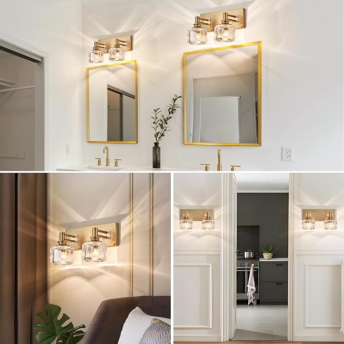 Bathroom Vanity Lights 13.4" Vintage Crystal Glass Vanity Light 2 Lights Brass Antique Bathroom Light Fixtures(7.7pounds)