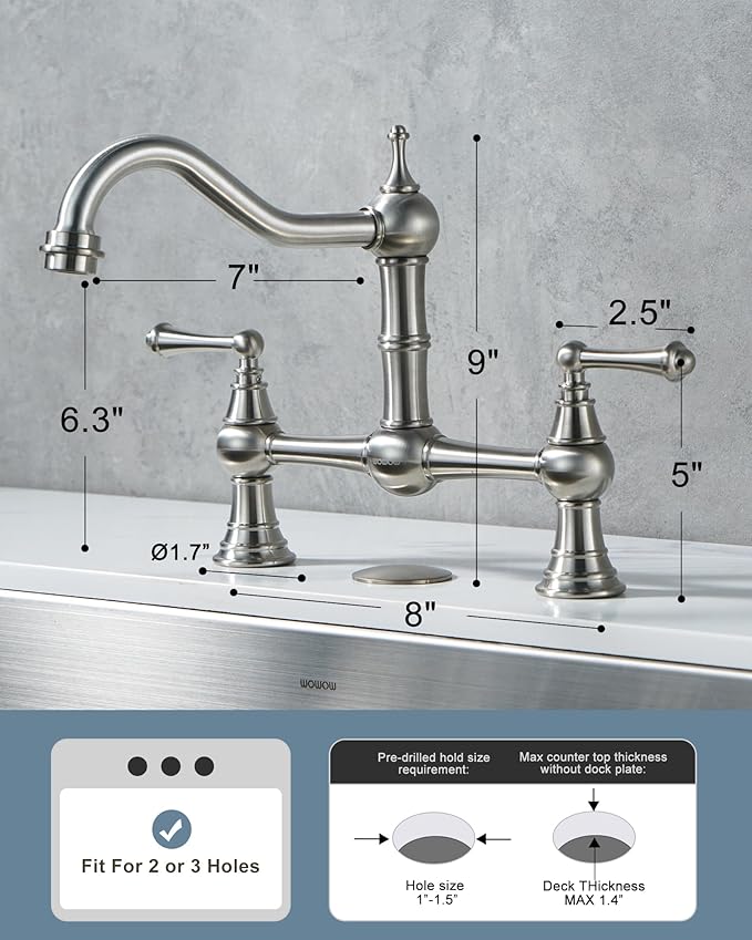 WOWOW Bridge Kitchen Faucet for Sink 2 or 3 Holes, Solid Brass Kitchen Sink Faucet 8-inch Centerset Deck Mount, Brushed Nickel Kitchen Faucet for Sink, RV, Laundry, Bar