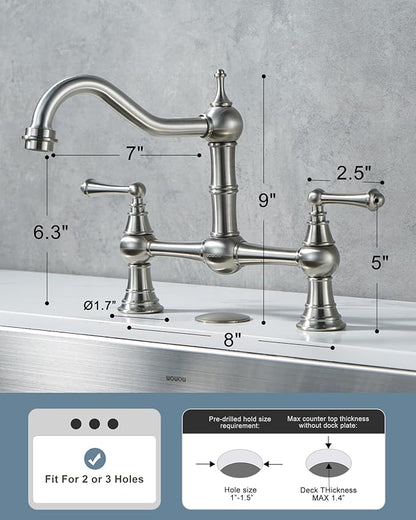 WOWOW Bridge Kitchen Faucet for Sink 2 or 3 Holes, Solid Brass Kitchen Sink Faucet 8-inch Centerset Deck Mount, Brushed Nickel Kitchen Faucet for Sink, RV, Laundry, Bar
