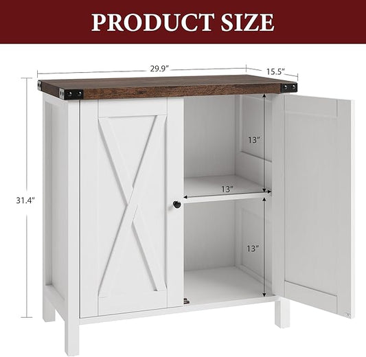 GarveeHome Small Storage Cabinet, Farmhouse Sideboard Buffet Cabinet with 2 Doors and Adjustable Shelves, Accent Entryway Console Cabinets for Living Room, Dining Room (White+Brown, 2 Pieces)