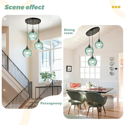 3-Light Vintage Chandelier Green Glass Globe Pendant Light Kitchen Island Mid Cenytury Lamps Black Ceiling Hanging Light for Bedroom Dining Room Living Room