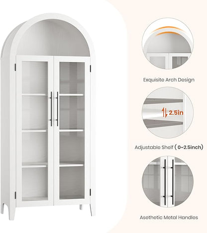 GarveeHome Arched Kitchen Pantry Storage Cabinet - Farmhouse 5 Tier Display Shelf with Adjustable Shelf and 2 Large Glass Doors, Versatile Cupboard for Kitchen, Dining Room, Living Room, White
