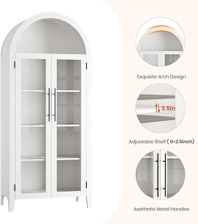 IDEALHOUSE Arched Kitchen Pantry Storage Cabinet - Farmhouse 5-Tier Display Shelf with 2 Large Glass Doors and Adjustable Shelf, Versatile Cupboard for Kitchen, Dining Room, Living Room, White