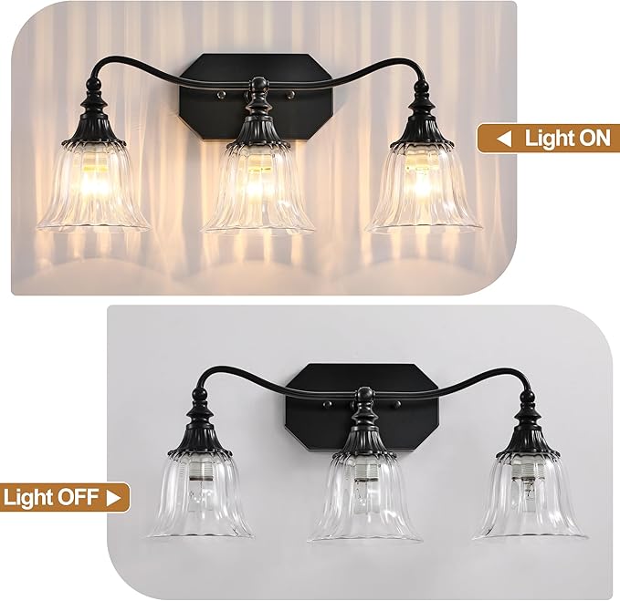 LmnLvn Bathroom Vanity Black Vintage Light Fixture, 3 Lights Bathroom Lighting Matte Antique Brass Finish with Crystal Glass Shade, Black Vintage Vanity Light for Bathrooms