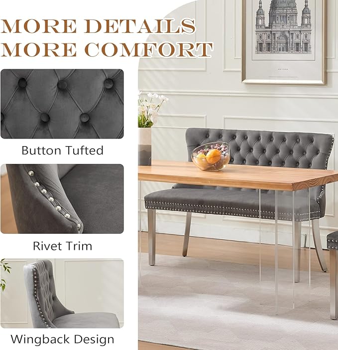 45.6in Upholstered Dining Bench, Mid-Century Modern Kitchen Room Bench with Tufted Back and Metal Legs, Velvet Small Sofa Couch Bench, Grey