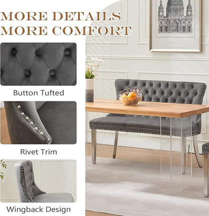 45.6in Upholstered Dining Bench, Mid-Century Modern Kitchen Room Bench with Tufted Back and Metal Legs, Velvet Small Sofa Couch Bench, Grey