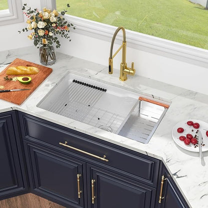 Kichae 32 Inch White Undermount Sink Workstation Ceramic Fireclay 32x19 Inch White Kitchen Sink Dual Drop in & Undermount Kitchen Sink Single Bowl Deep Porcelain Sink