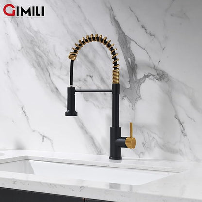 GIMILI Black and Gold Kitchen Faucet with Pull Down Sprayer Single Hole Stainless Steel Sink Faucet, Suitable for Farmhouses, RV, Laundry Room, Outdoor, and Campers. Llave para fregadero de cocina