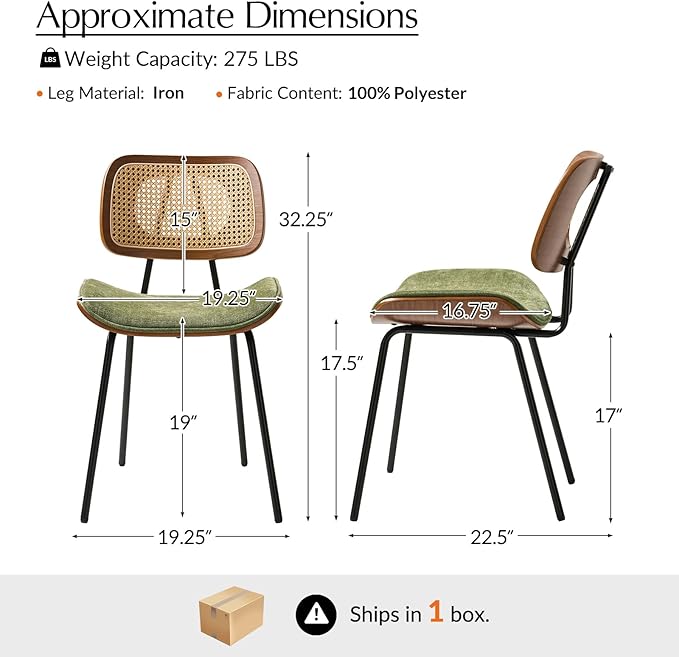 HULALA HOME Rattan Dining Chairs Set of 2, Green Farmhouse Upholstered Kitchen Chairs Set with Square Cane Backrest, Metal Legs for Dining Living Room Resurant Cafe - Moss