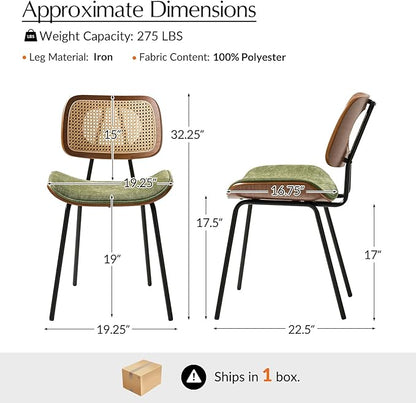 HULALA HOME Rattan Dining Chairs Set of 2, Green Farmhouse Upholstered Kitchen Chairs Set with Square Cane Backrest, Metal Legs for Dining Living Room Resurant Cafe - Moss