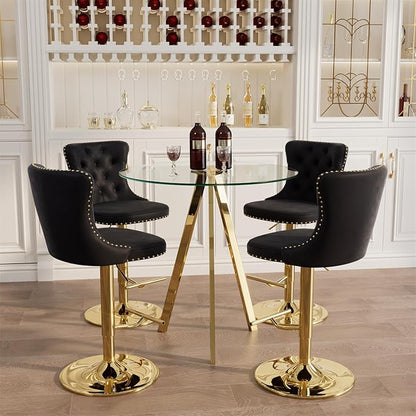 yeag 31.5'' Luxury Gold Bistro Table and Adjustable Chairs Set for 4, Small Round Glass Bar Table 4 Adjustable Velvet Swivel Bar Stools for Pub (Gold Metal Legs, Clear Top + Black Chair)