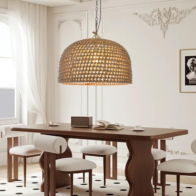 Arturesthome Rustic Woven Dome Pendant Light, Hemp Rope Basket Lampshade Coastal Hanging Lighting Fixture, Adjustable Vintage Farmhouse Chandelierfor Kitchen Island Dining Table Room W 21.6"*H 13.7"