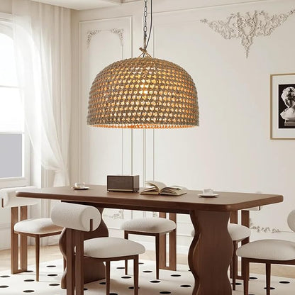 Arturesthome Rustic Woven Dome Pendant Light, Hemp Rope Basket Lampshade Coastal Hanging Lighting Fixture, Adjustable Vintage Farmhouse Chandelierfor Kitchen Island Dining Table Room W 21.6"*H 13.7"
