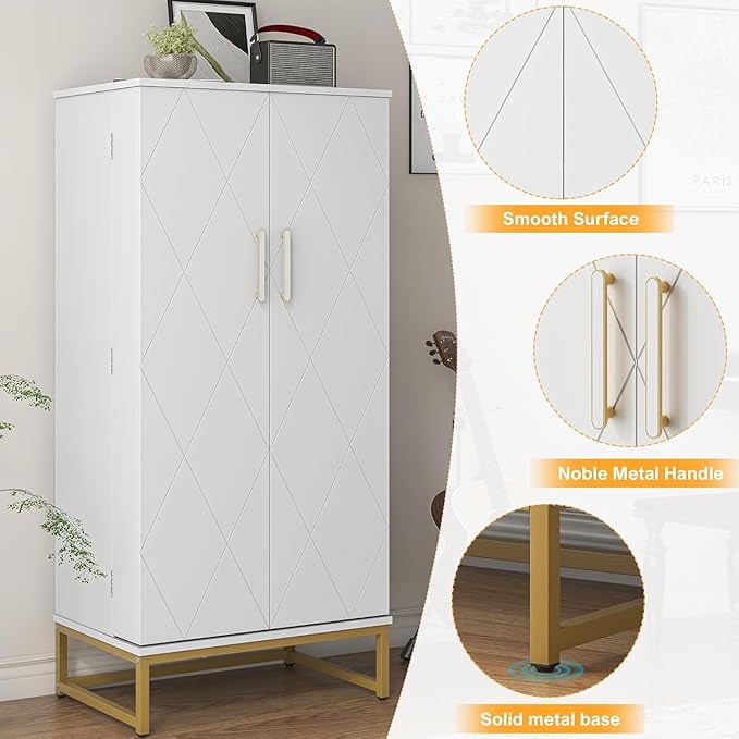 kepptory 51” Kitchen Pantry Storage Cabinet, White Freestanding Pantry Cabinets with Doors and Adjustable Shelves, Buffet Cupboards Storage Cabinet for Home Office Use, Dinning Room(White + Gold)