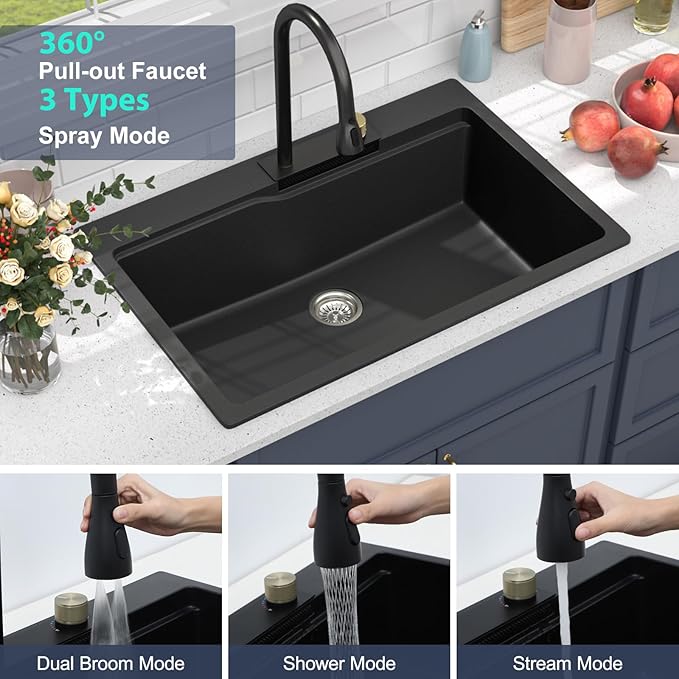 33 Waterfall Kitchen Sink - Beslend 33x22 inch Matte Black Granite Composite Waterfall Workstation Sink Drop In Waterfall Sink with Faucet, Topmount Dish Basin Above Counter Single Bowl