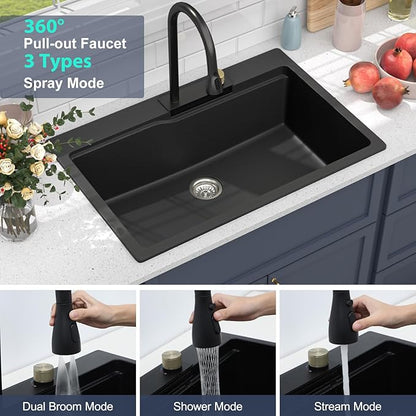 33 Waterfall Kitchen Sink - Beslend 33x22 inch Matte Black Granite Composite Waterfall Workstation Sink Drop In Waterfall Sink with Faucet, Topmount Dish Basin Above Counter Single Bowl