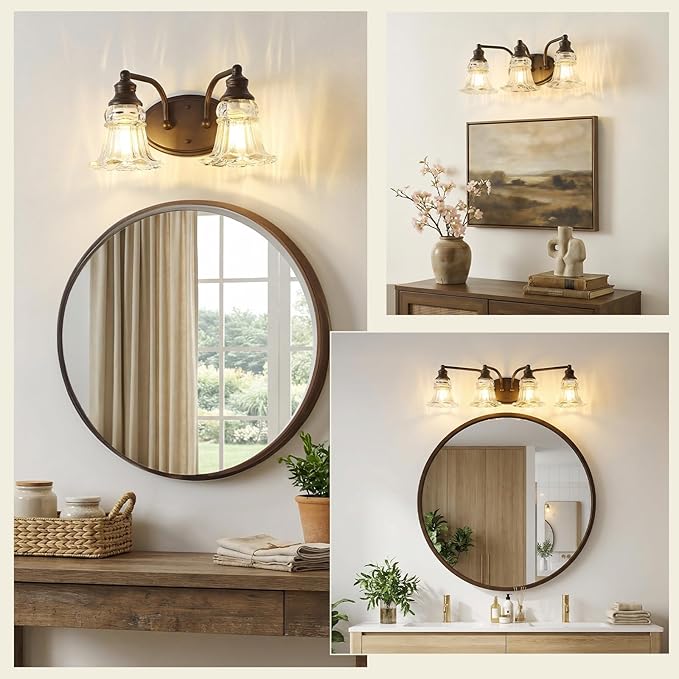 3-Light Bathroom Light Fixtures Over Mirror, Vintage Vanity Lights with Clear Floral Glass Shades, Oil Rubbed Bronze