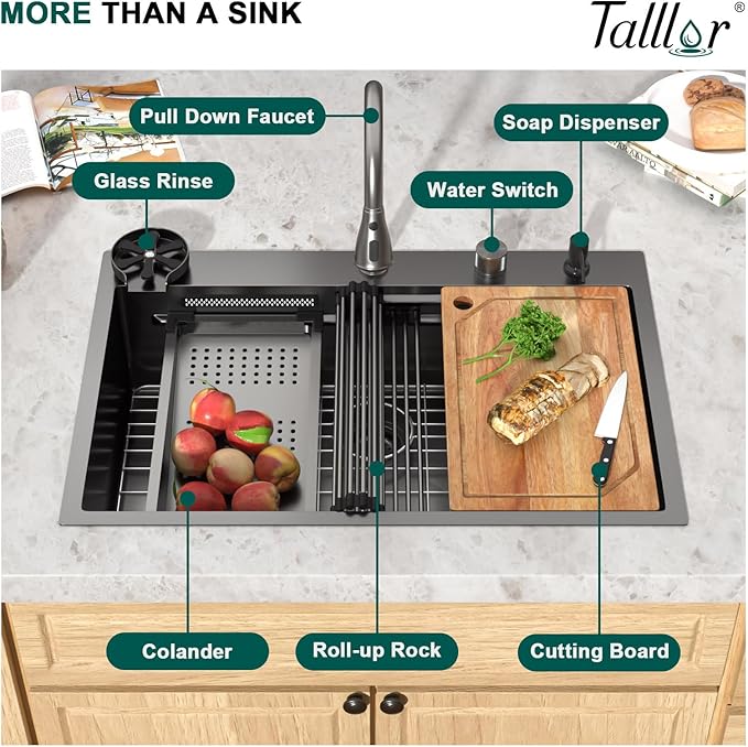 33" Drop-In Single Bowl Black Kitchen Sink with Faucet, Gunmetal Black 16 Gauge 304 Stainless Steel Workstation Sink with Cup Washer, Waterfall Outlet and Four-Hole Configuration #TLWF-0027
