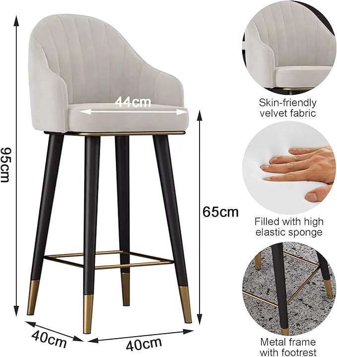 Swivel Stools Set of 2, Counter Height stools with Back and Footrest, Upholstered Chairs for Dining Room Home Kitchen Island,White-Sitting Height 65cm
