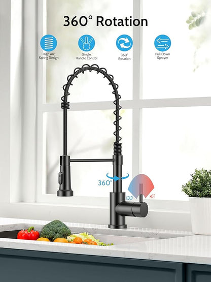 Kitchen Faucet with Pull Down Sprayer, High Arc Single Handle Stainless Steel Kitchen Sink Faucet with Sprayer for Rv Camper, Matte Black