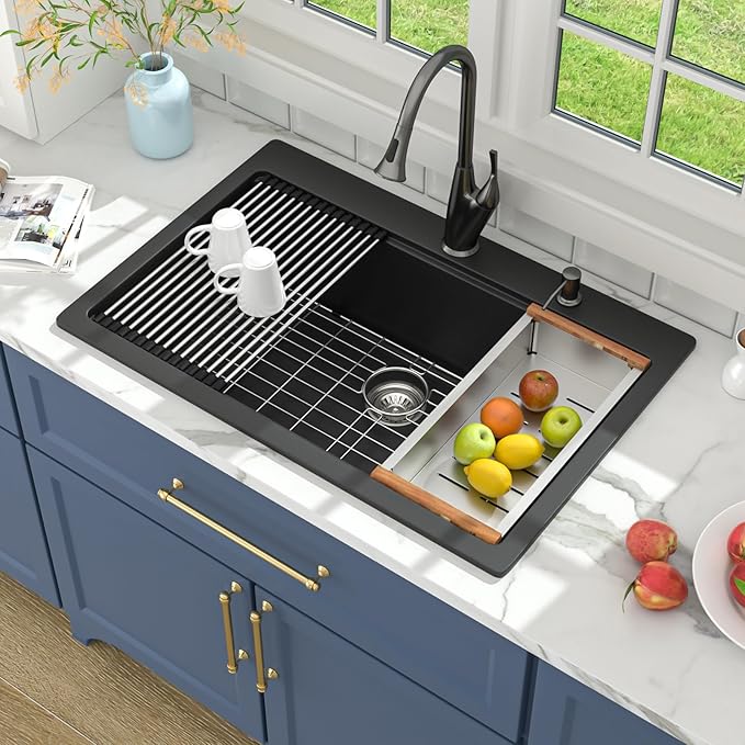 Lordear 33 Granite Composite Kitchen Sink Drop In Black Kitchen Sink 33x22 Workstation Topmount Sink Matte Black Quartz Above Counter Single Bowl Sink Basin