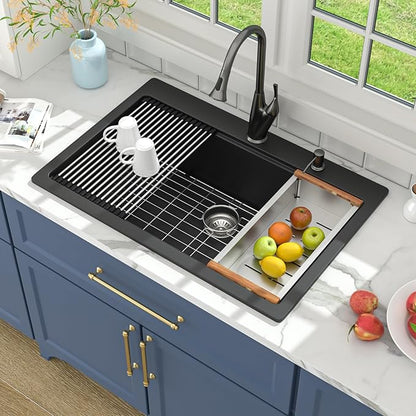 Lordear 33 Granite Composite Kitchen Sink Drop In Black Kitchen Sink 33x22 Workstation Topmount Sink Matte Black Quartz Above Counter Single Bowl Sink Basin