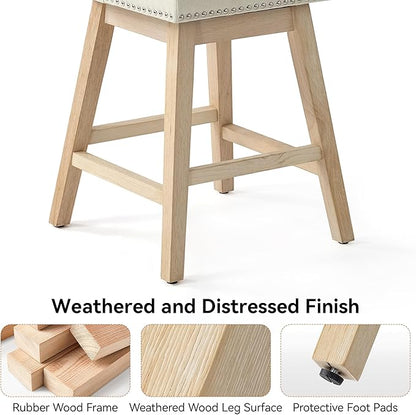 Counter Height Swivel Bar Stools Set of 3, Modern Linen Fabric Swivel Barstools with Back and Wood Legs, Upholstered 26" Seat Height Counter Stools for Kitchen Island, Home Bar, Beige