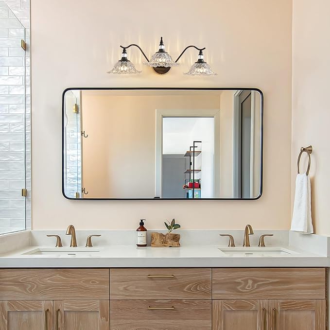 Vintage Bathroom Vanity Light Fixtures - 3 Light Antique Matte Black Bathroom Lights Fixture Over Mirror with Clear Flower Glass,Retro High End Wall-Mounted Vanity Lighting for Bath Powder Room